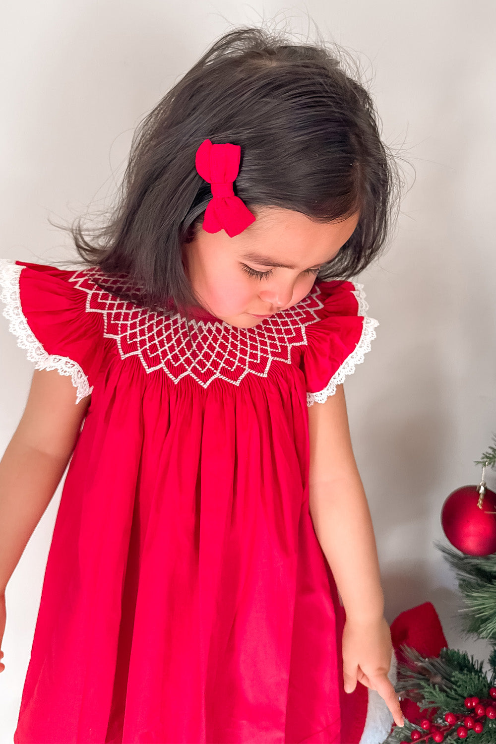 Red Hand Smocked Bishop Dress