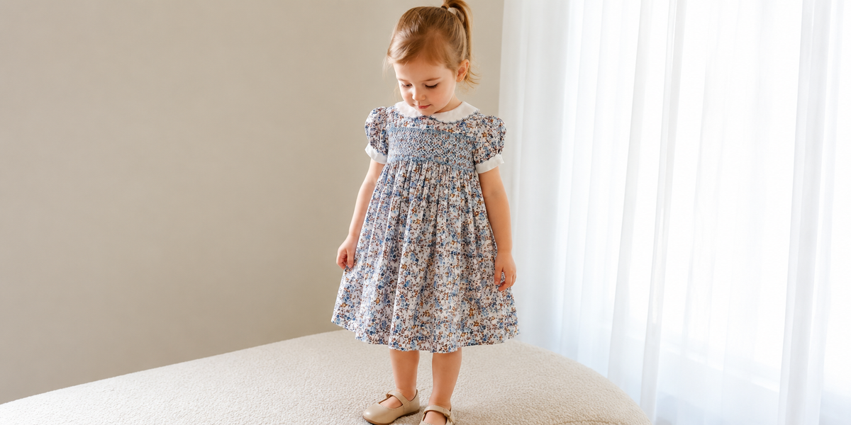 Girl in blue floral hand-smocked dress