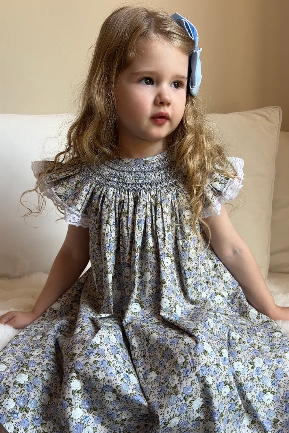 Blue Blossom Hand Smocked Bishop Dress