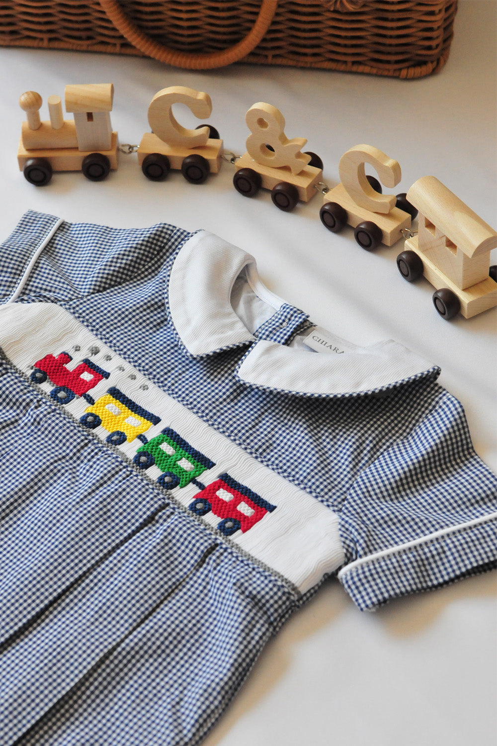 Blue Gingham Hand Smocked Train Romper