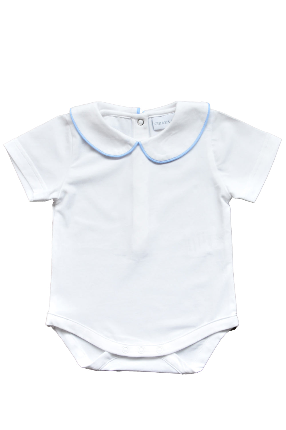 White baby bodysuit with pale blue piped collar, front view