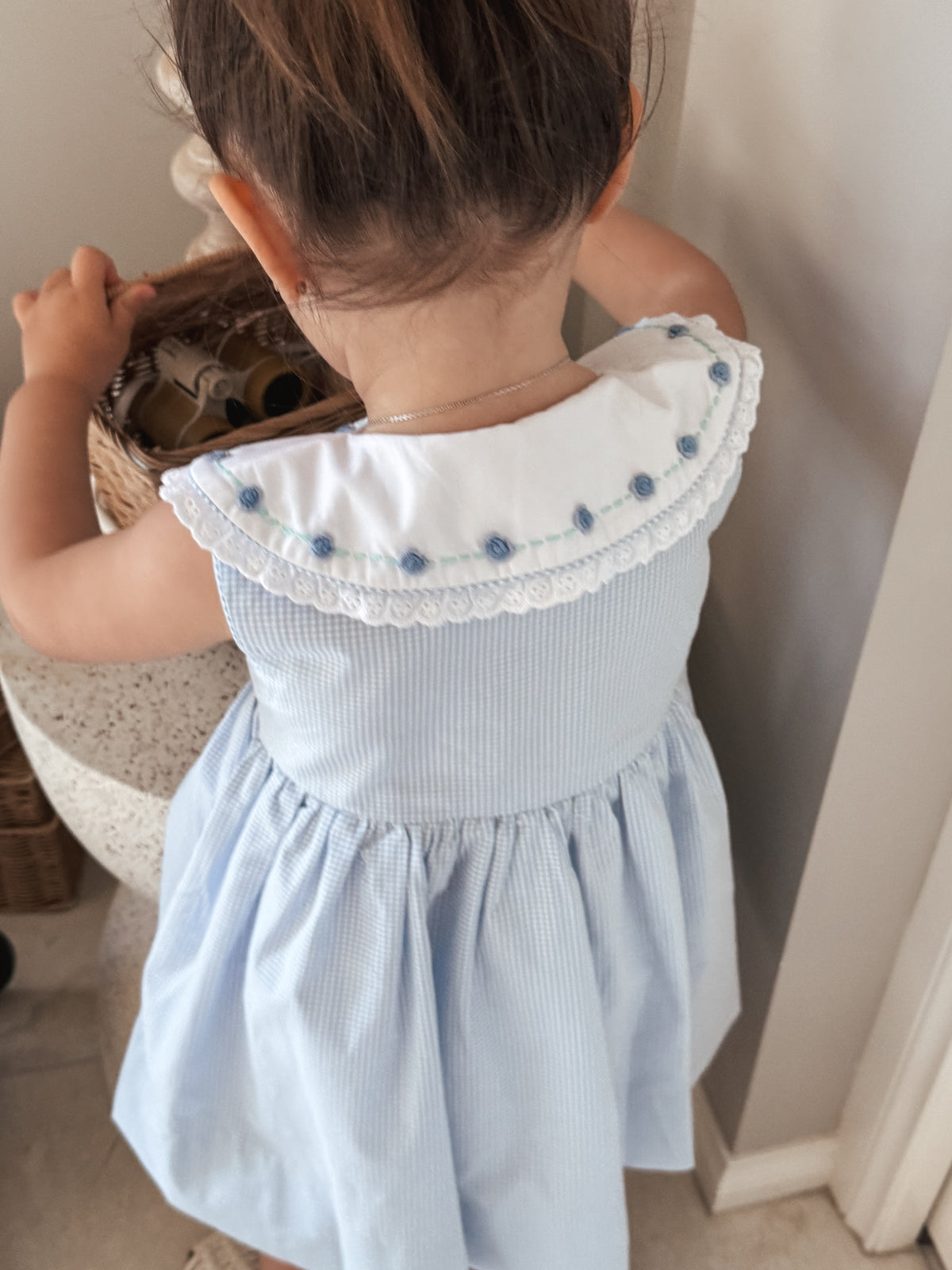Back view of classic blue gingham dress collar with hand embroidered roses