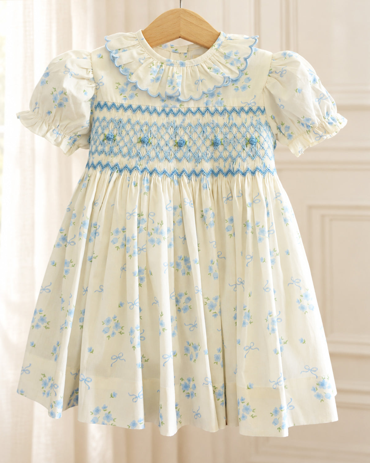Smocked baby girls blue dress with scallop ruffle collar