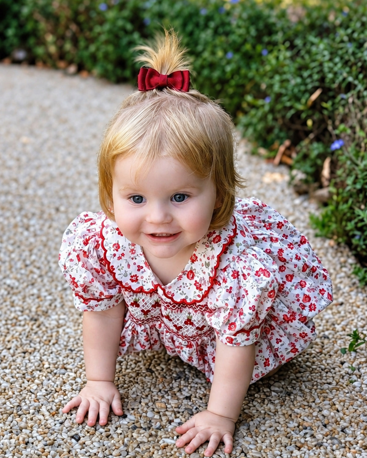 Cherry Red Floral Hand Smocked Romper