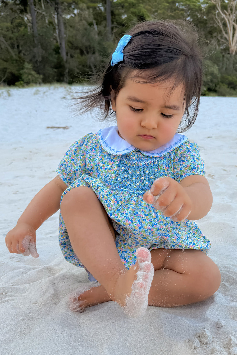 Blue Floral Ditsy Hand-Smocked Romper