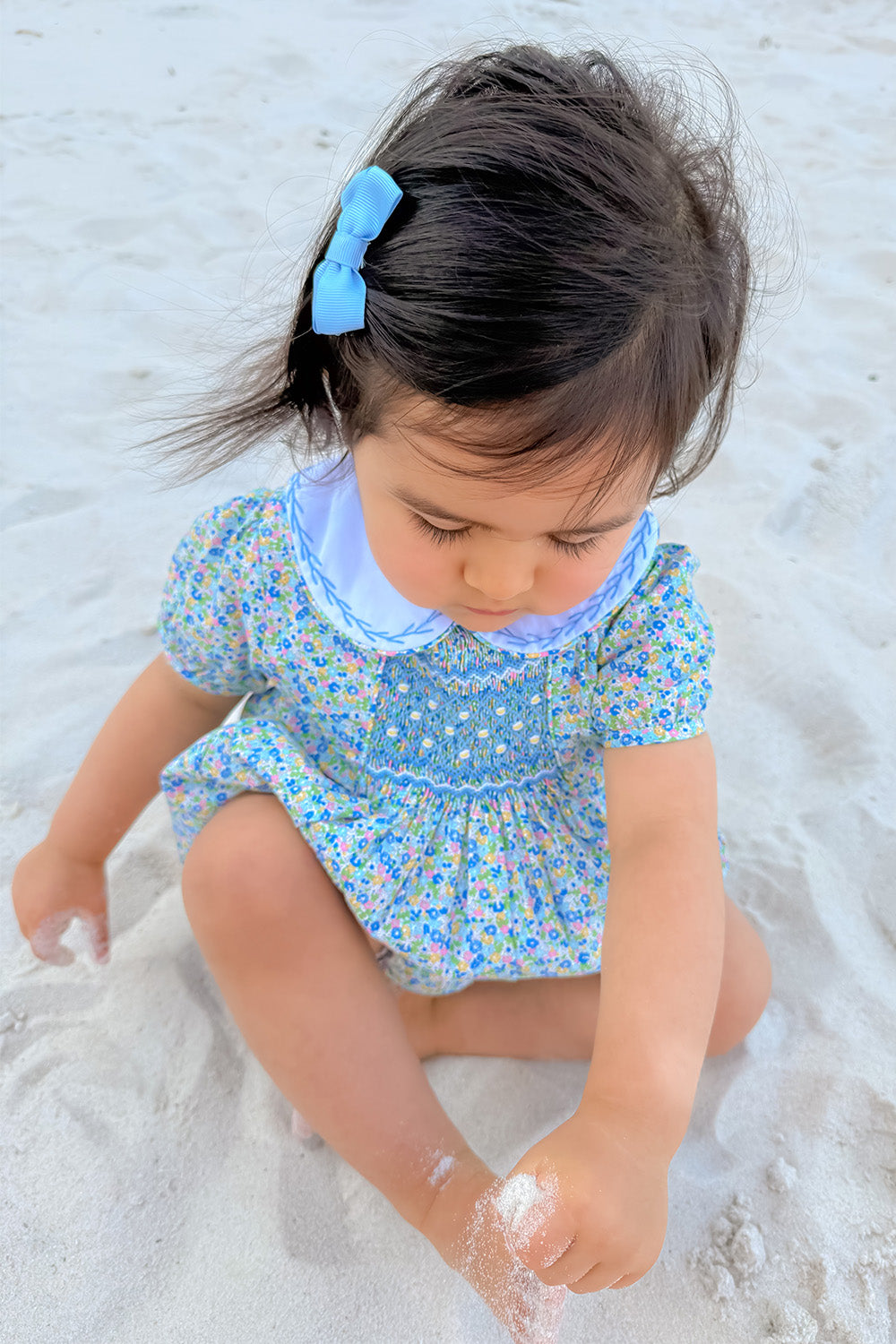Blue Floral Ditsy Hand-Smocked Romper