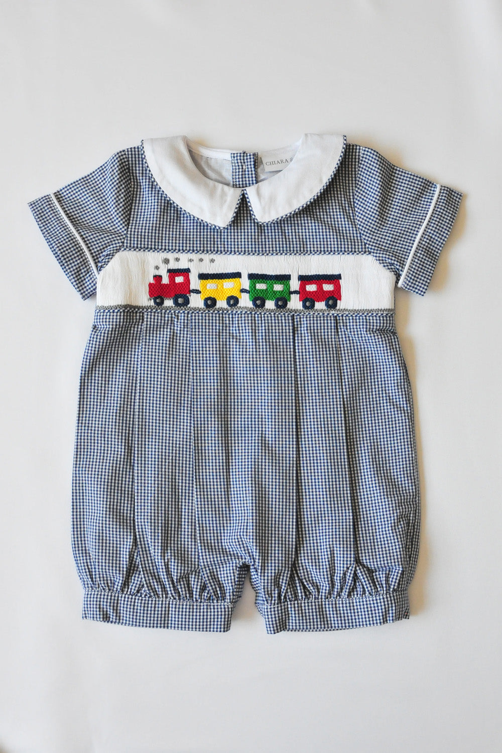 Blue Gingham Hand Smocked Train Romper